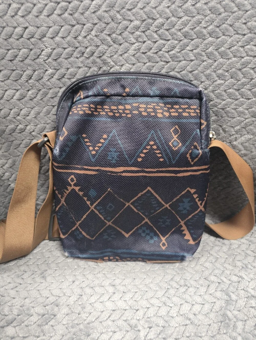 The North Face Navy Patterned Crossbody with Tan Strap